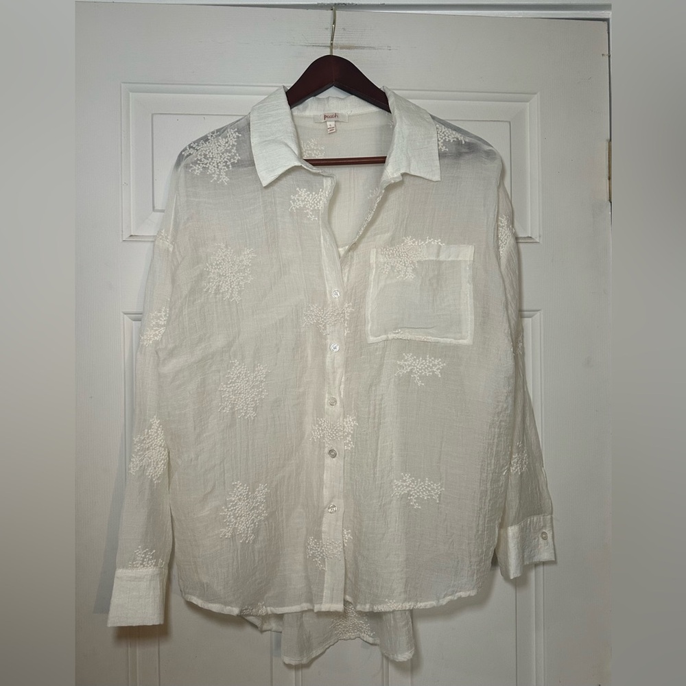 Peach Sheer Embroidered Women’s Large Ivory‎ Button Down Shirt Boho.